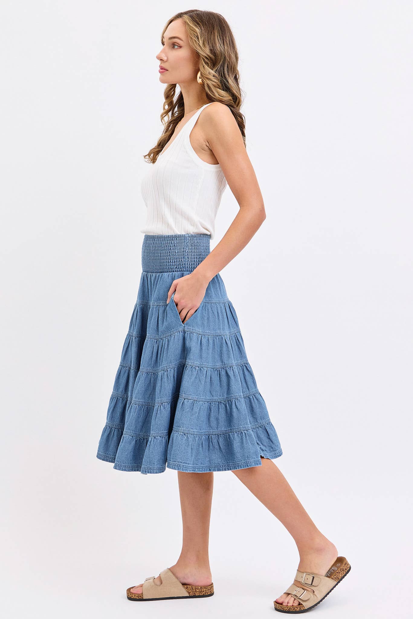 DENIM PULL- ON SMOCKED  MIDI SKIRT