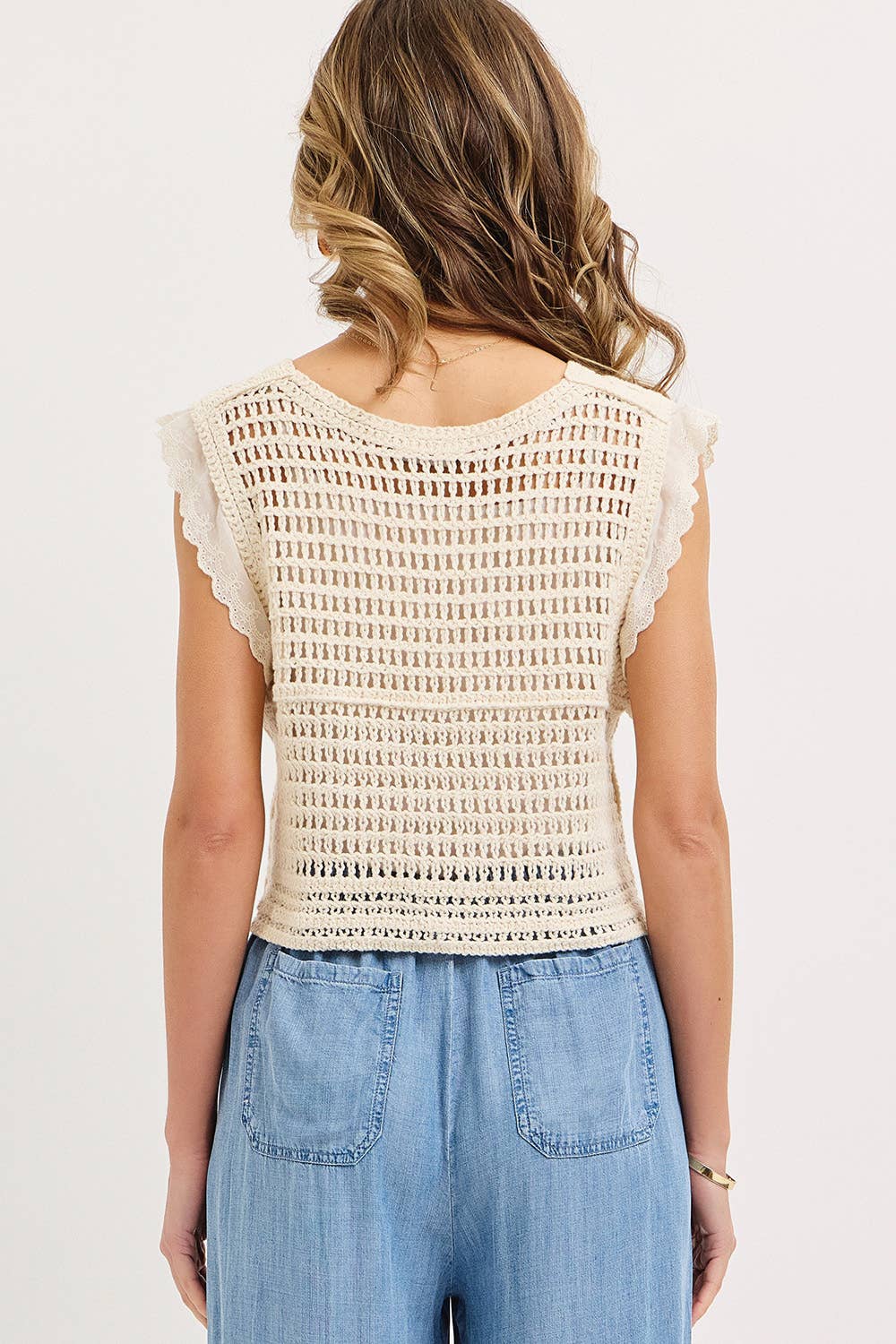 OPEN KNIT CROCHET BUTTON FRONT TOP