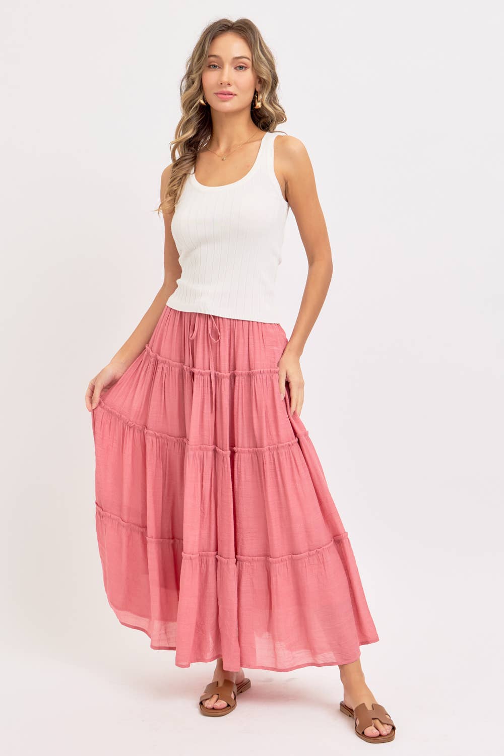 CASUAL PULL ON ELASTIC WAIST TIERED MAXI SKIRT