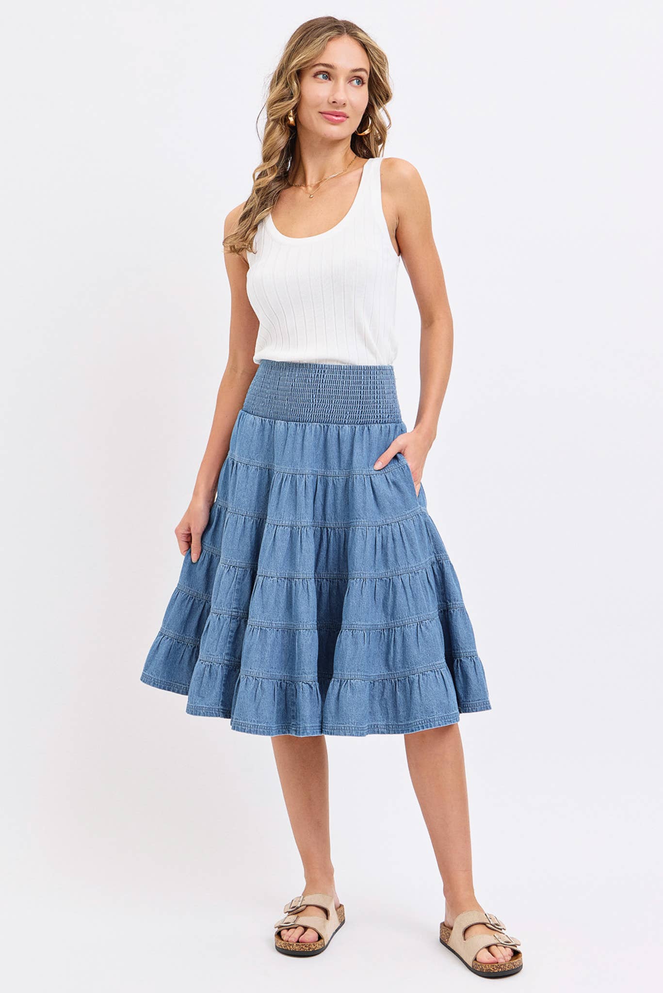 DENIM PULL- ON SMOCKED  MIDI SKIRT