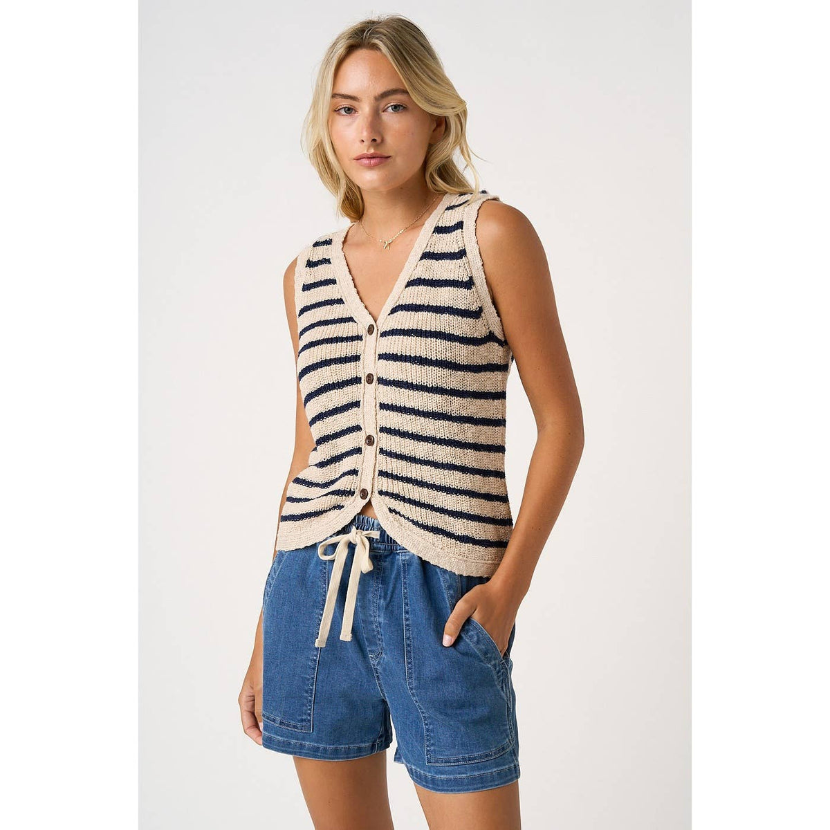 STRIPED V-NECK BUTTONED KNIT SWEATER VEST-Final Sale