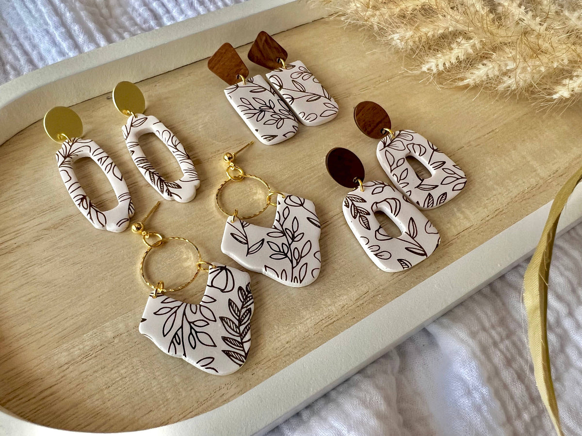 Brown Floral Clay Earrings, Vine Clay Earrings