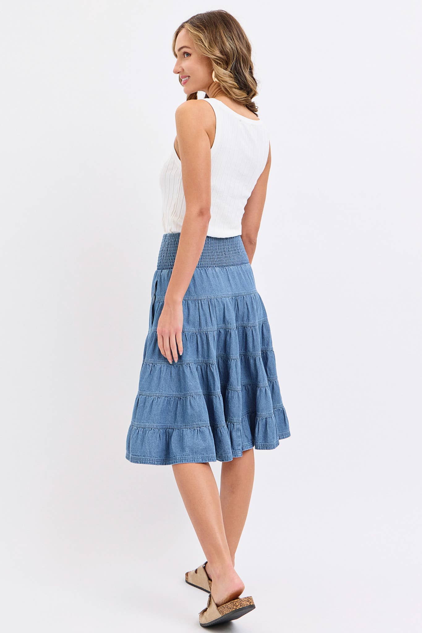 DENIM PULL- ON SMOCKED  MIDI SKIRT