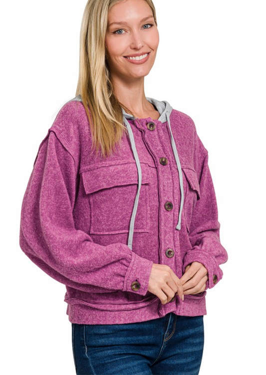 Brushed Hacci Hooded Button Down Shacket