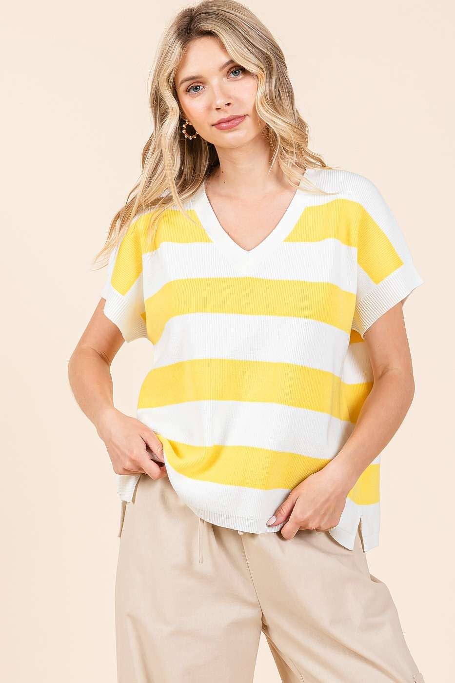 VIBRANT STRIPED SHORT SLEEVE SWEATER KNIT TOP *FINAL SALE*