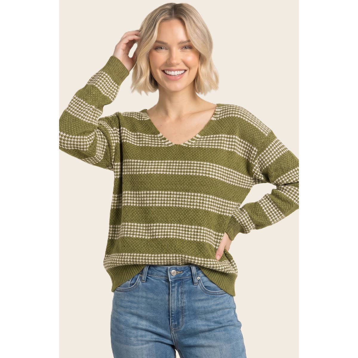 WAFFLE TEXTURE STRIPED SWEATER