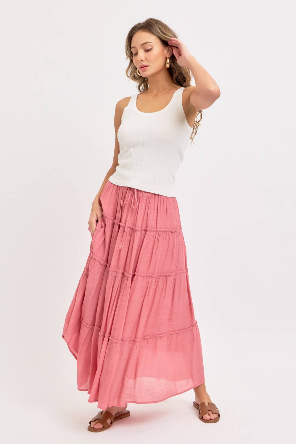 CASUAL PULL ON ELASTIC WAIST TIERED MAXI SKIRT