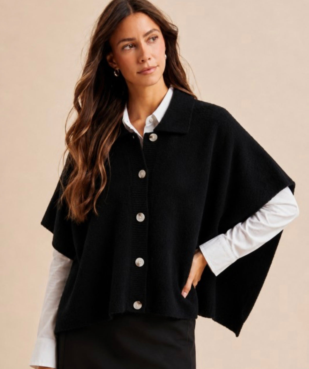Side Slit Cape Cardigan in Black