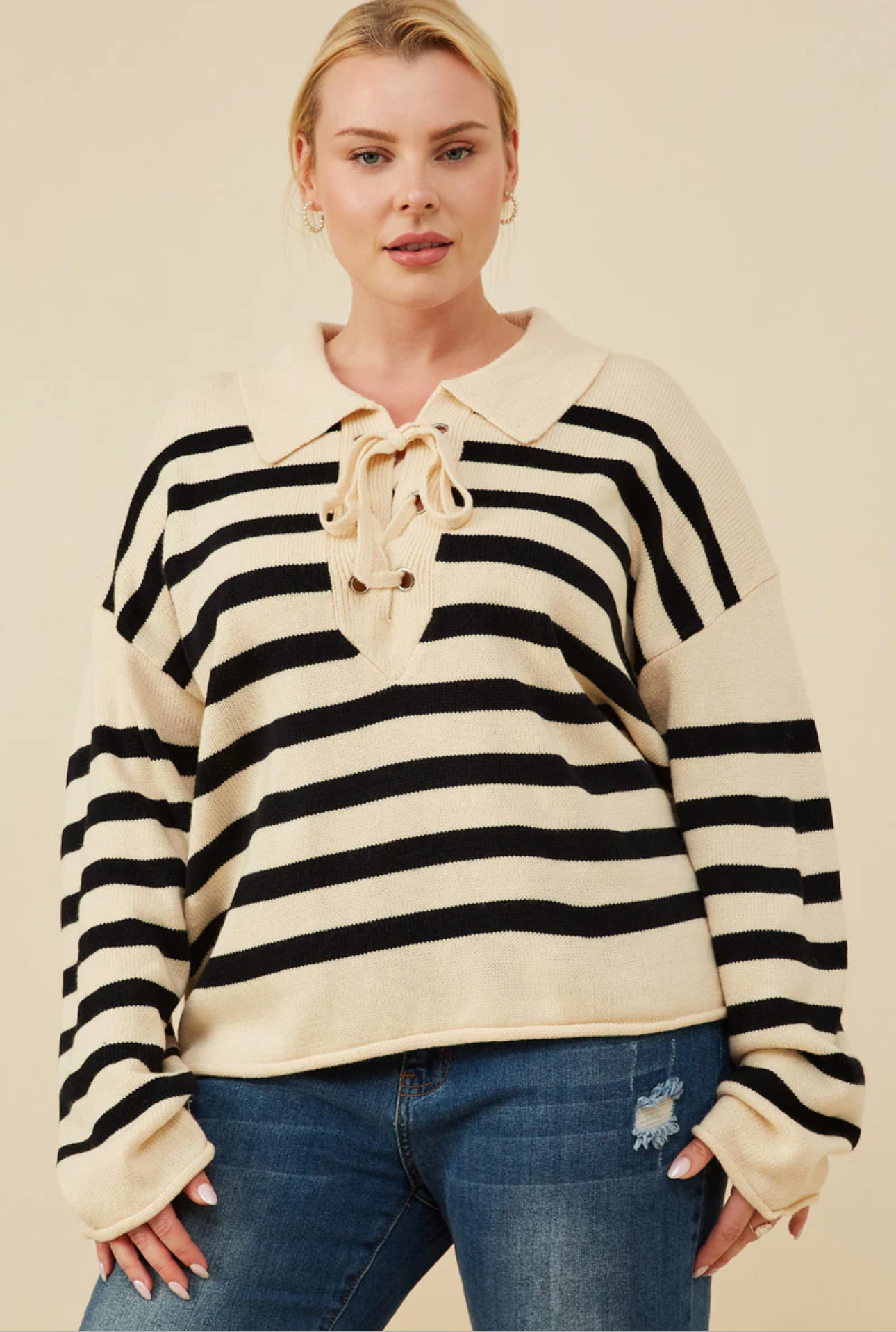 Lace Up Collared Stripe Sweater