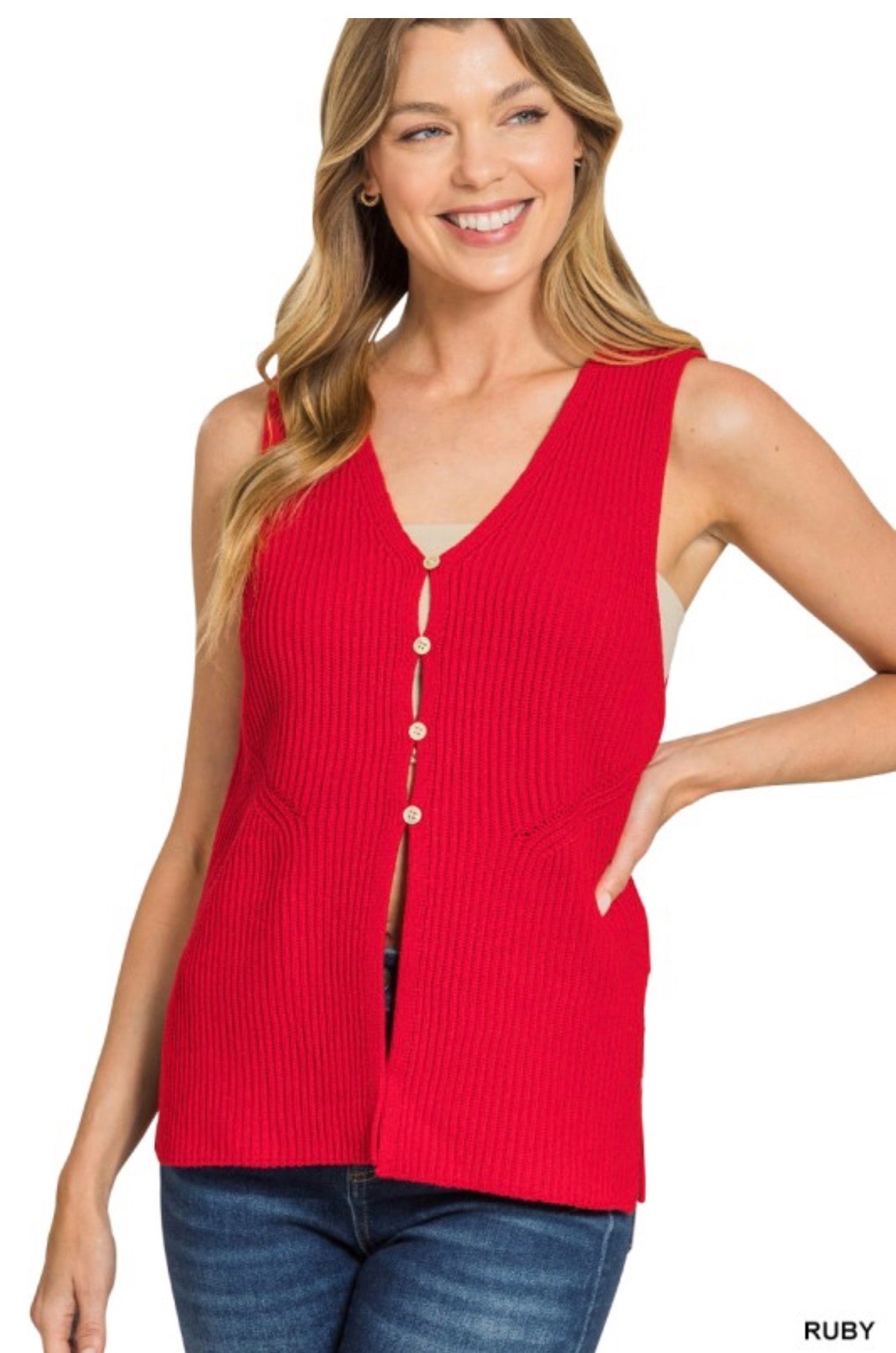 Four Button Vest with Side Slits in Red
