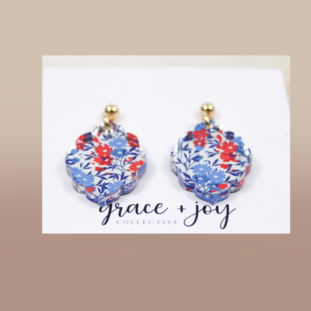 Blue & Red Floral Scalloped Dangle Earrings 4th of July