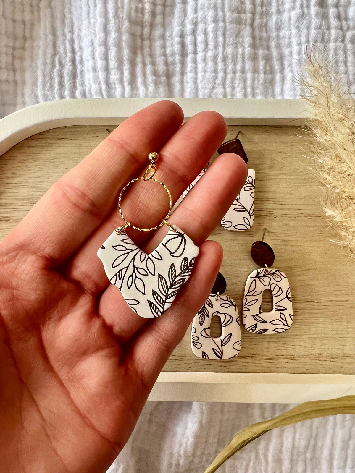 Brown Floral Clay Earrings, Vine Clay Earrings