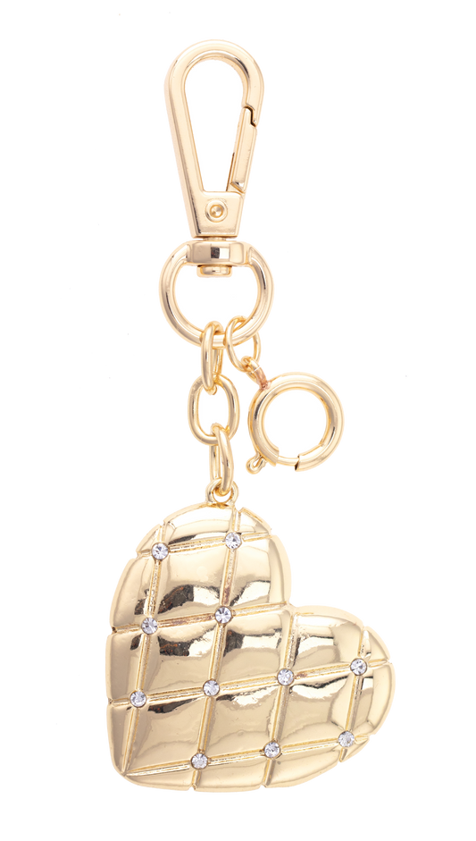 Rhinestone Quilted Heart Bag Charm in Shiny Gold