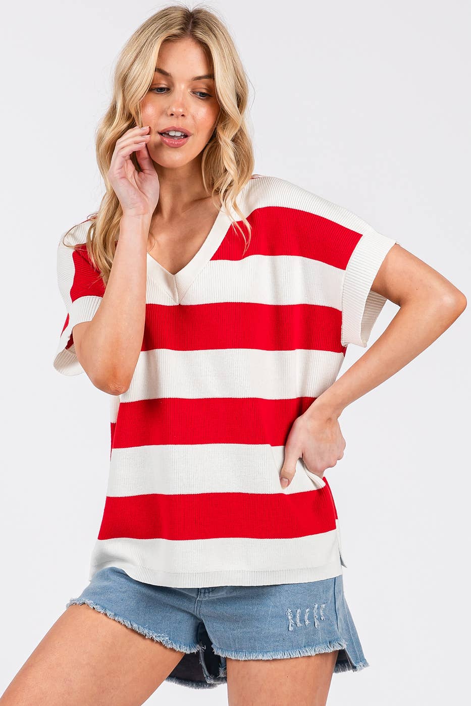 VIBRANT STRIPED SHORT SLEEVE SWEATER KNIT TOP *FINAL SALE*