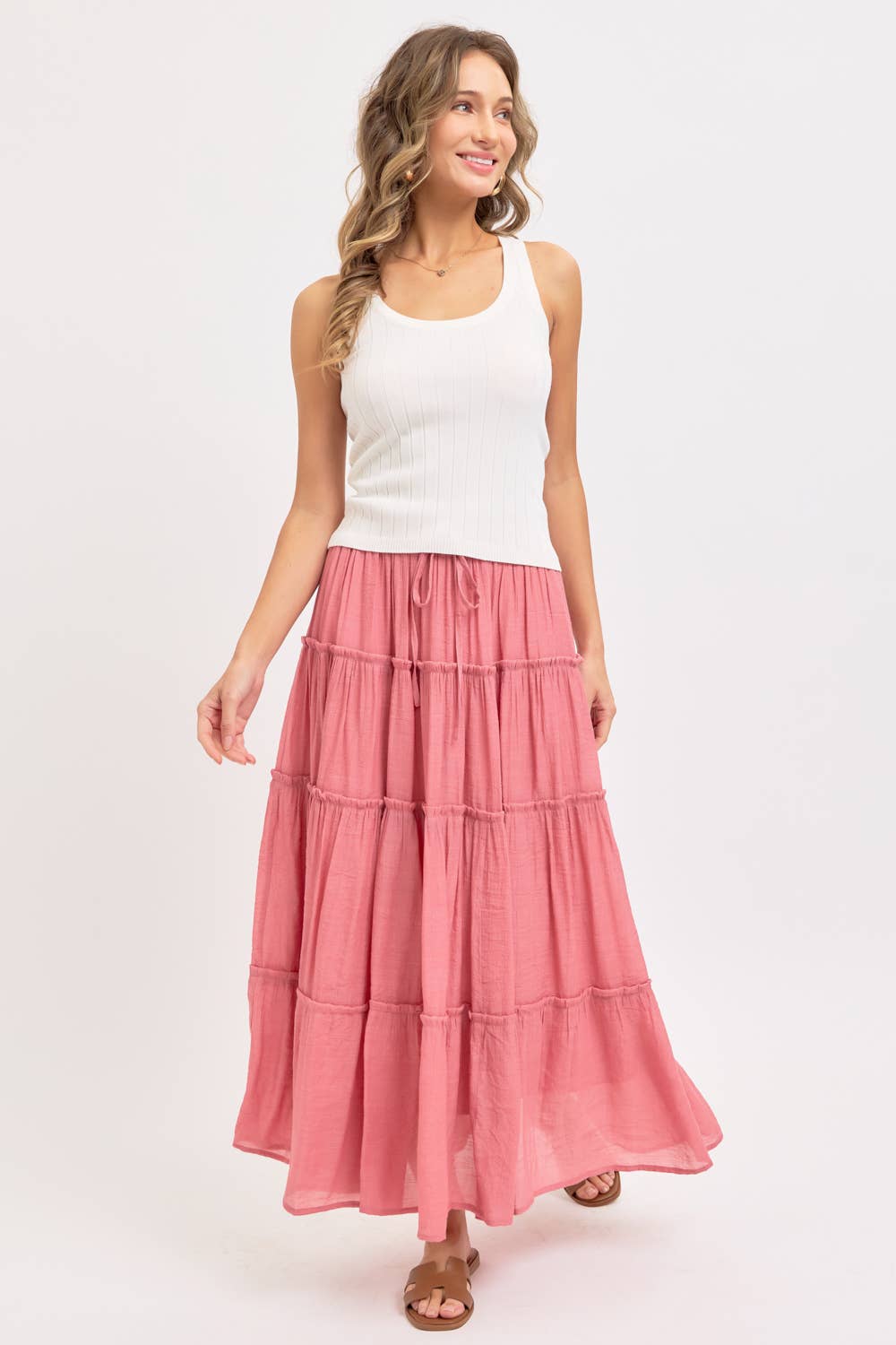 CASUAL PULL ON ELASTIC WAIST TIERED MAXI SKIRT