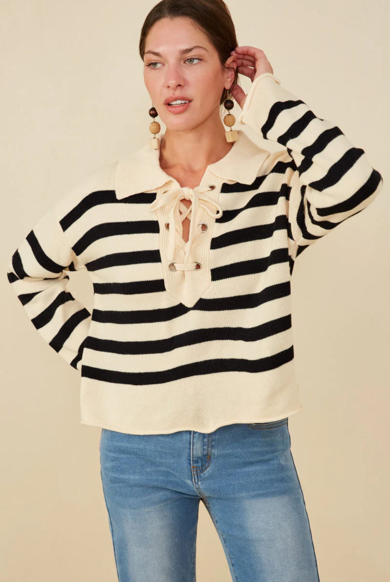 Lace Up Collared Stripe Sweater