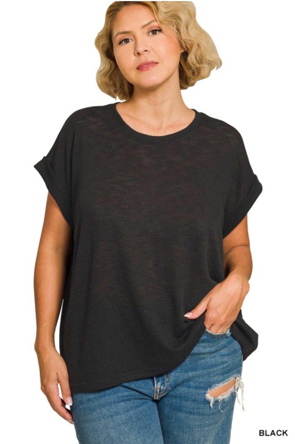 Zenana Rolled Up Slub Tee in Black