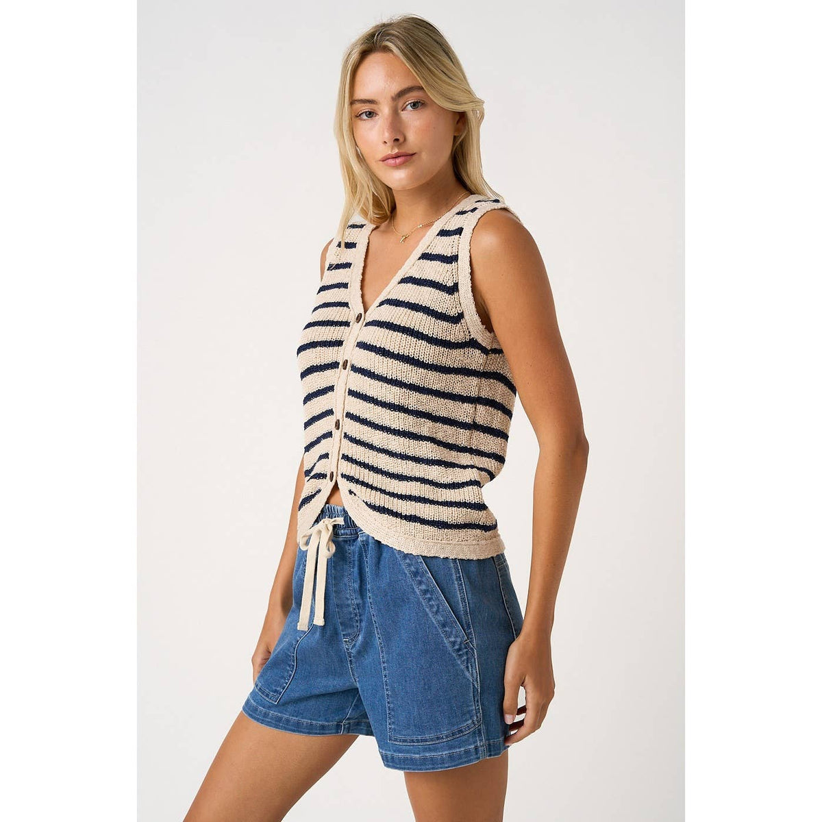 STRIPED V-NECK BUTTONED KNIT SWEATER VEST-Final Sale
