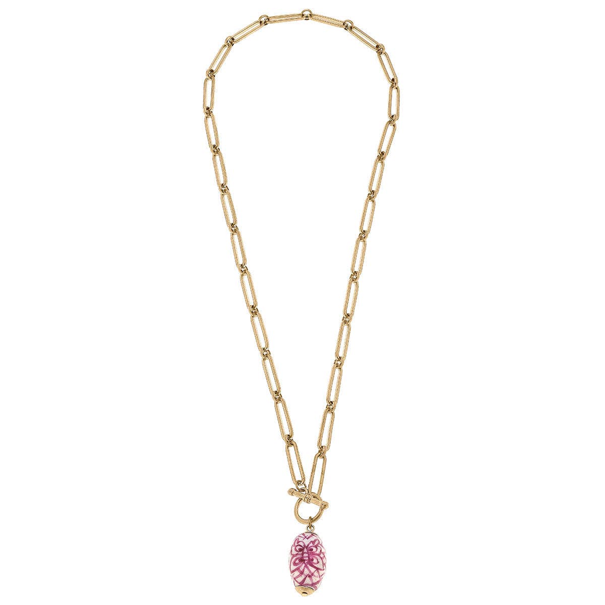 Evelyn Chinoiserie T-Bar Necklace in Pink & White