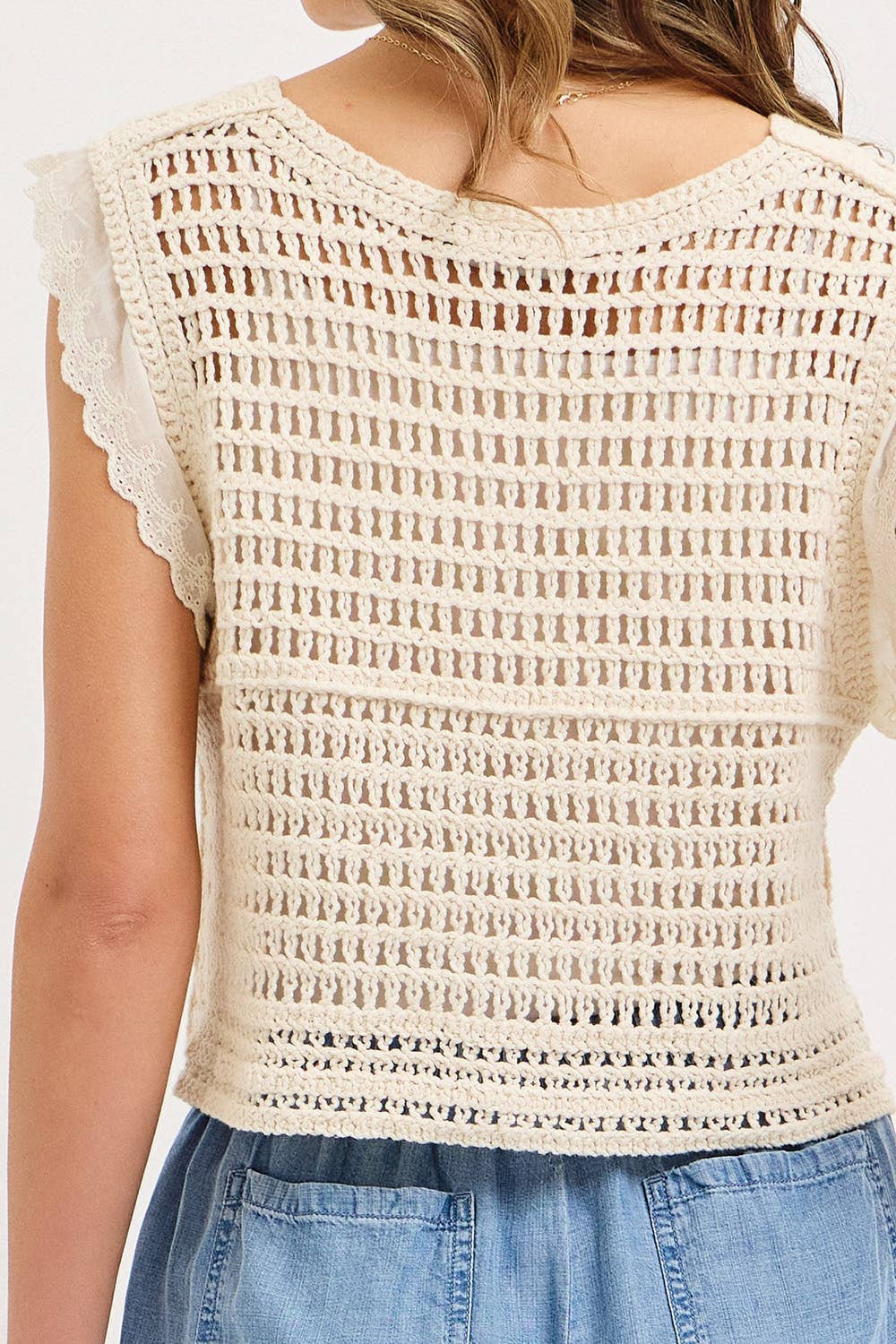 OPEN KNIT CROCHET BUTTON FRONT TOP
