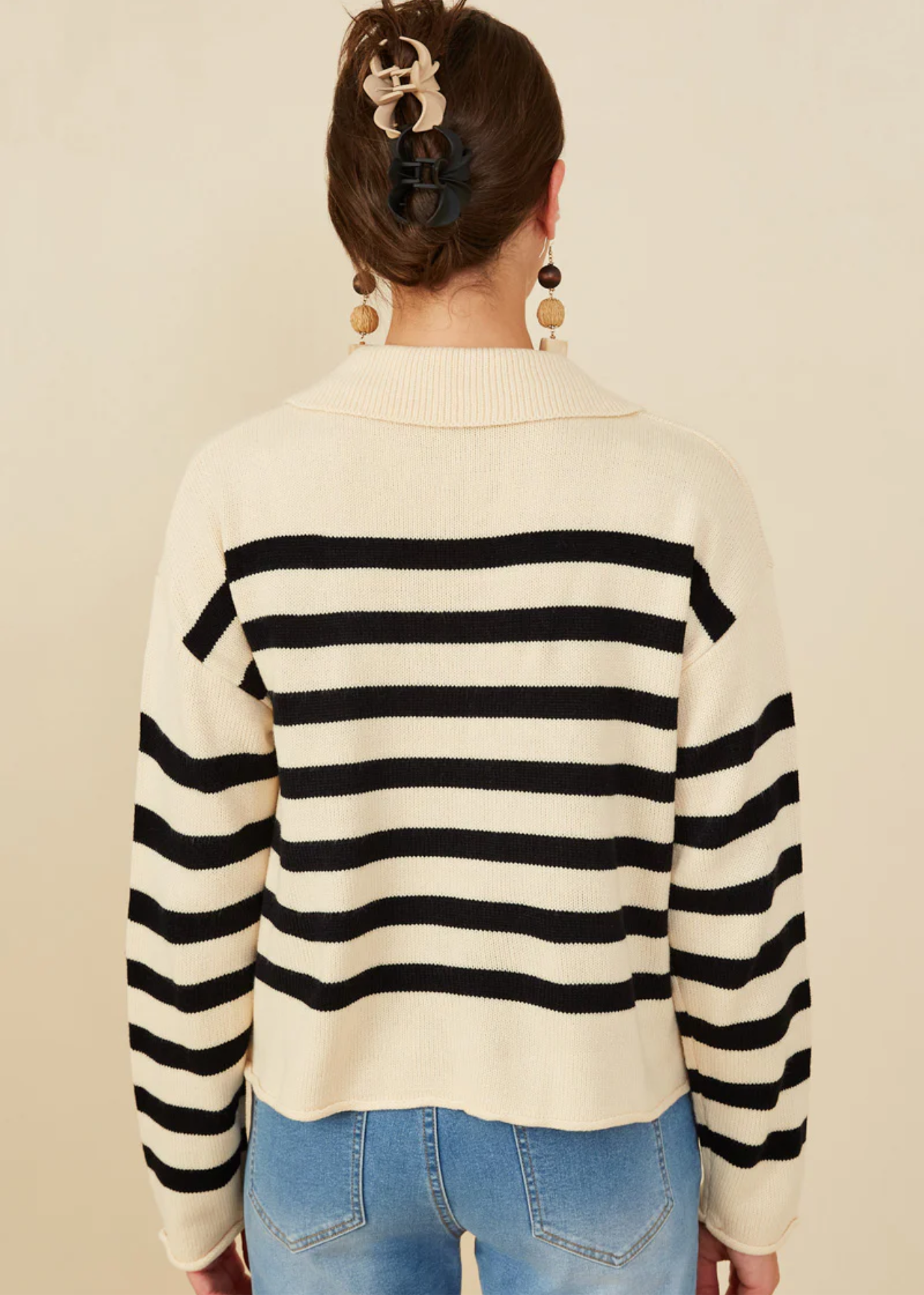 Lace Up Collared Stripe Sweater