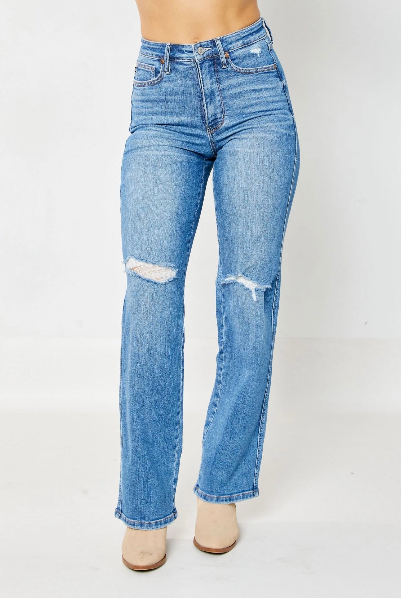 Judy Blue High Waist "Tummy Control" Knee Destroy Straight Denim Jeans 88785