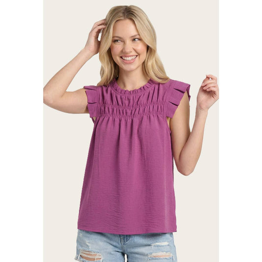 FRILLED ELASTIC NECK GATHERED SOLID TOP