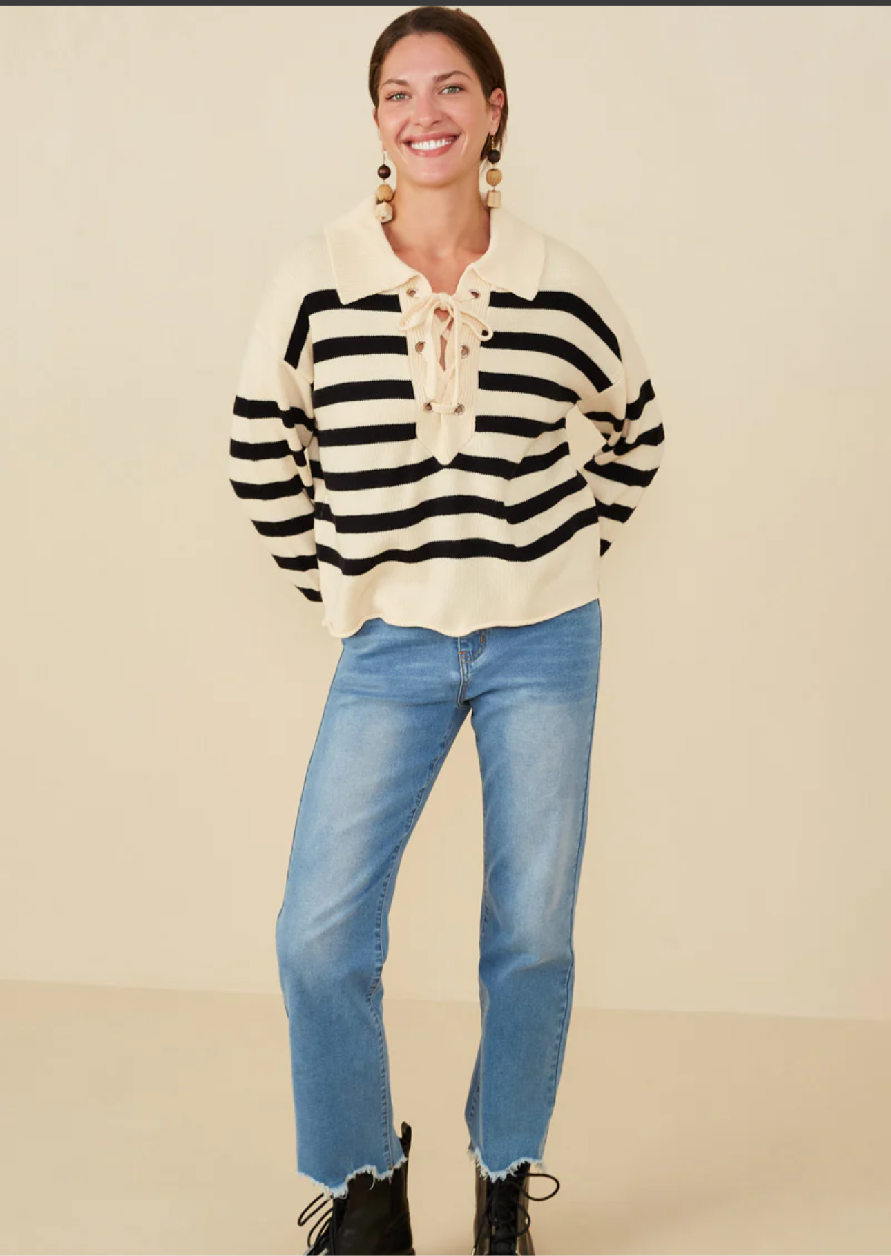 Lace Up Collared Stripe Sweater