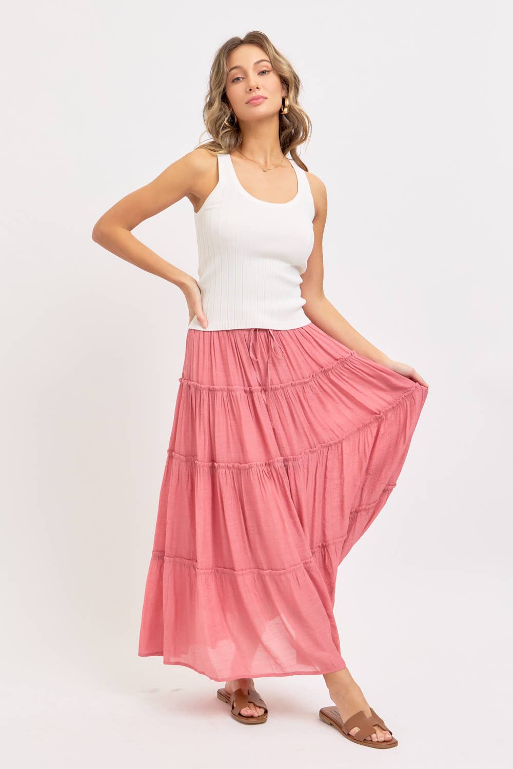 CASUAL PULL ON ELASTIC WAIST TIERED MAXI SKIRT