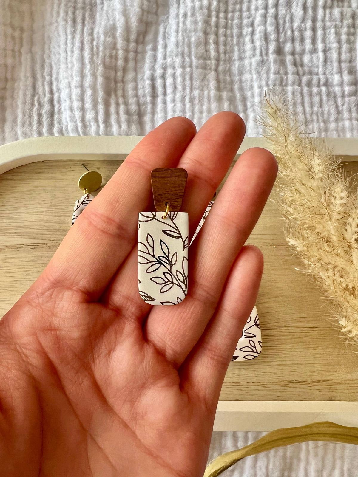 Brown Floral Clay Earrings, Vine Clay Earrings