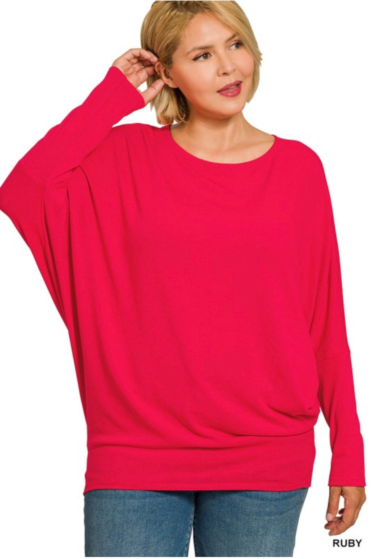 Zenana Hacci Dolman Sleeve Top in Ruby