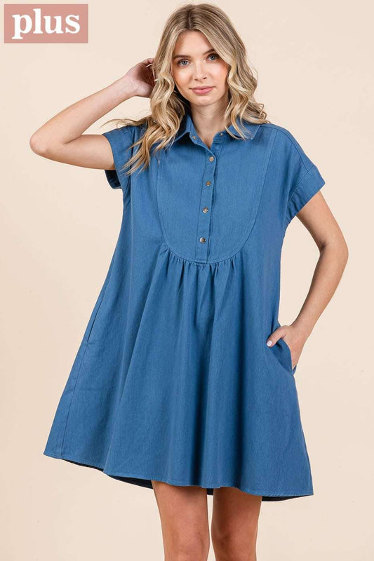TWILL SHORT SLEEVE COLLARED MINI DRESS