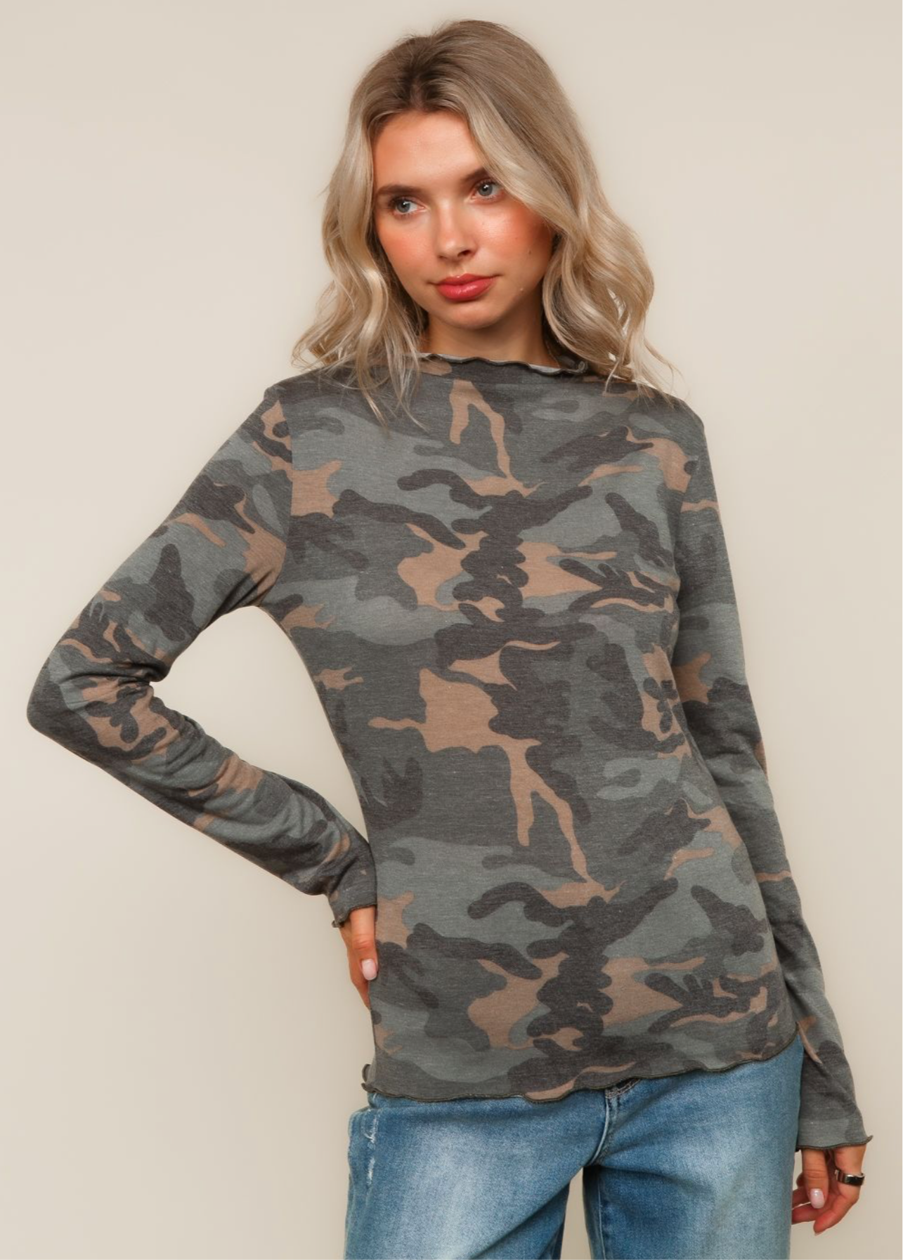 Mock Neck Long Sleeve Camoflage Print Knit Top w/Frilled Merrow Hem