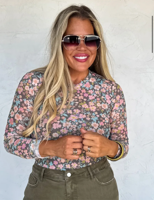 Faded blue flower mesh top