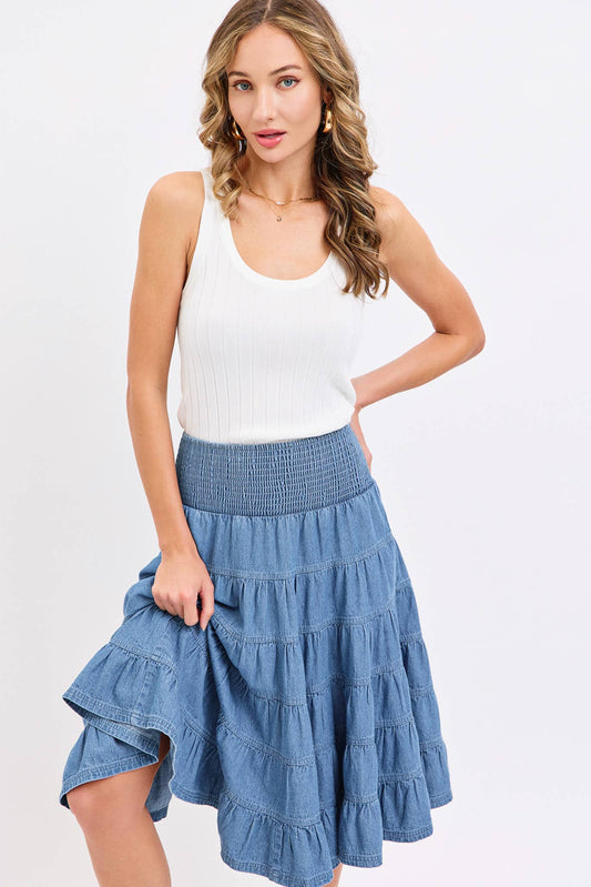 DENIM PULL- ON SMOCKED  MIDI SKIRT