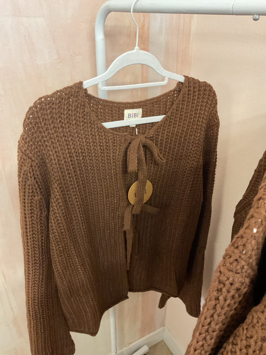 Solid Loose Gauge Knit Sweater Top w/Bow Tie Closure