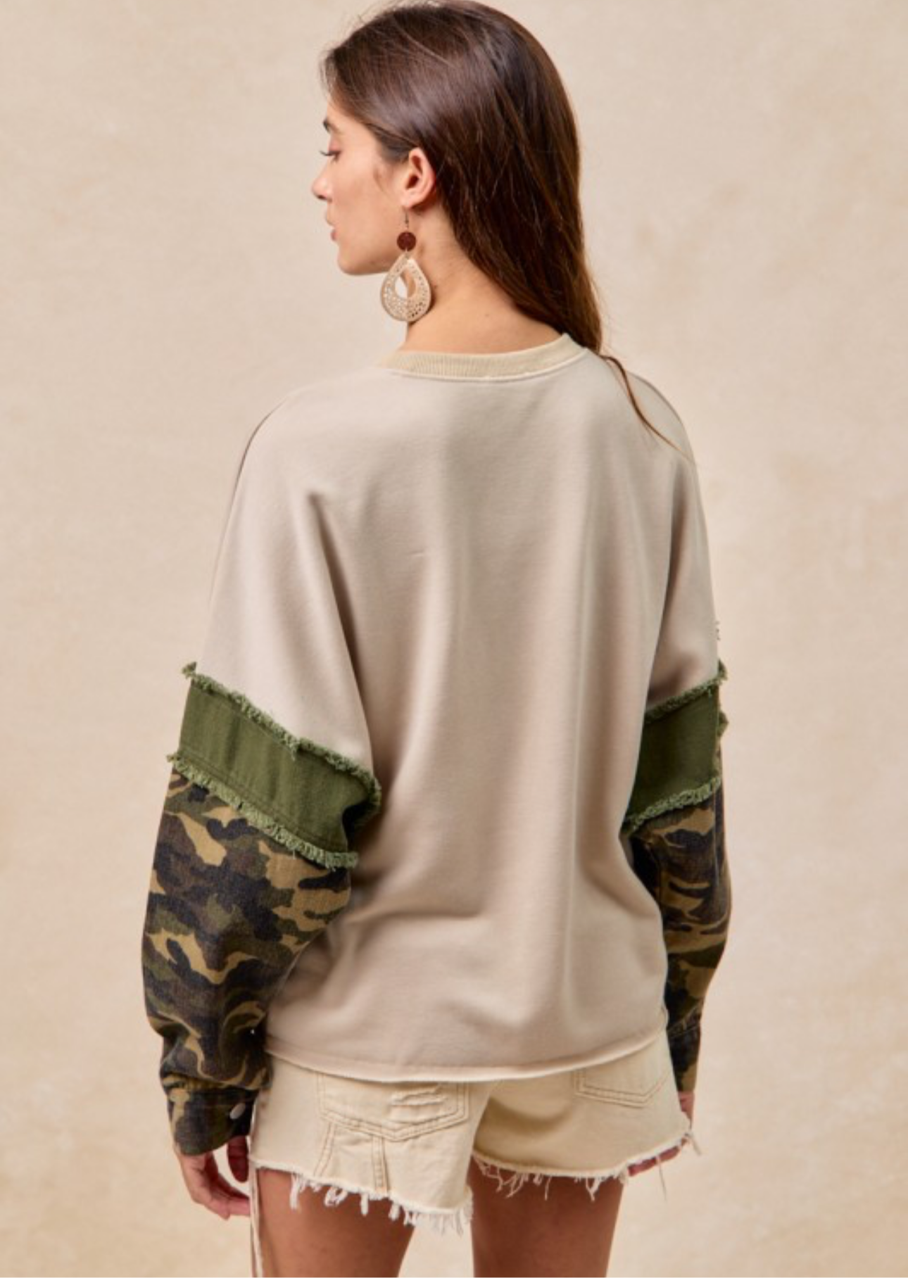 Camo Sleeve Top with Frayed Edge