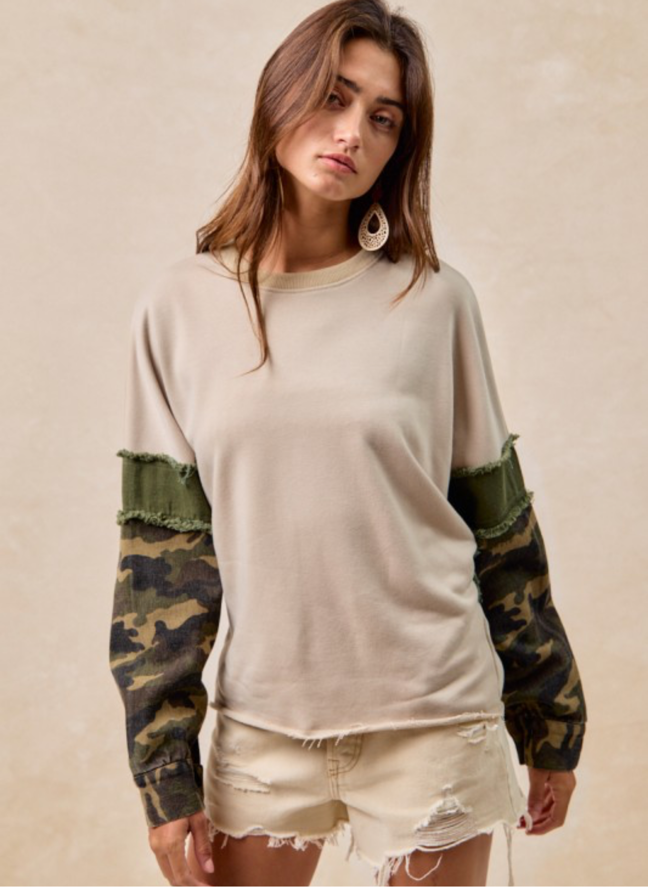 Camo Sleeve Top with Frayed Edge