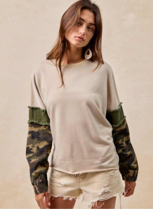 Camo Sleeve Top with Frayed Edge