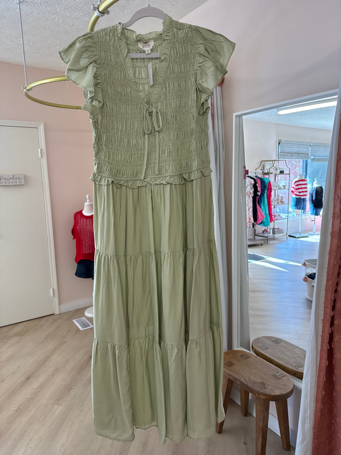 Smocked Front Ruffle Tiered Midi Dress in light mint