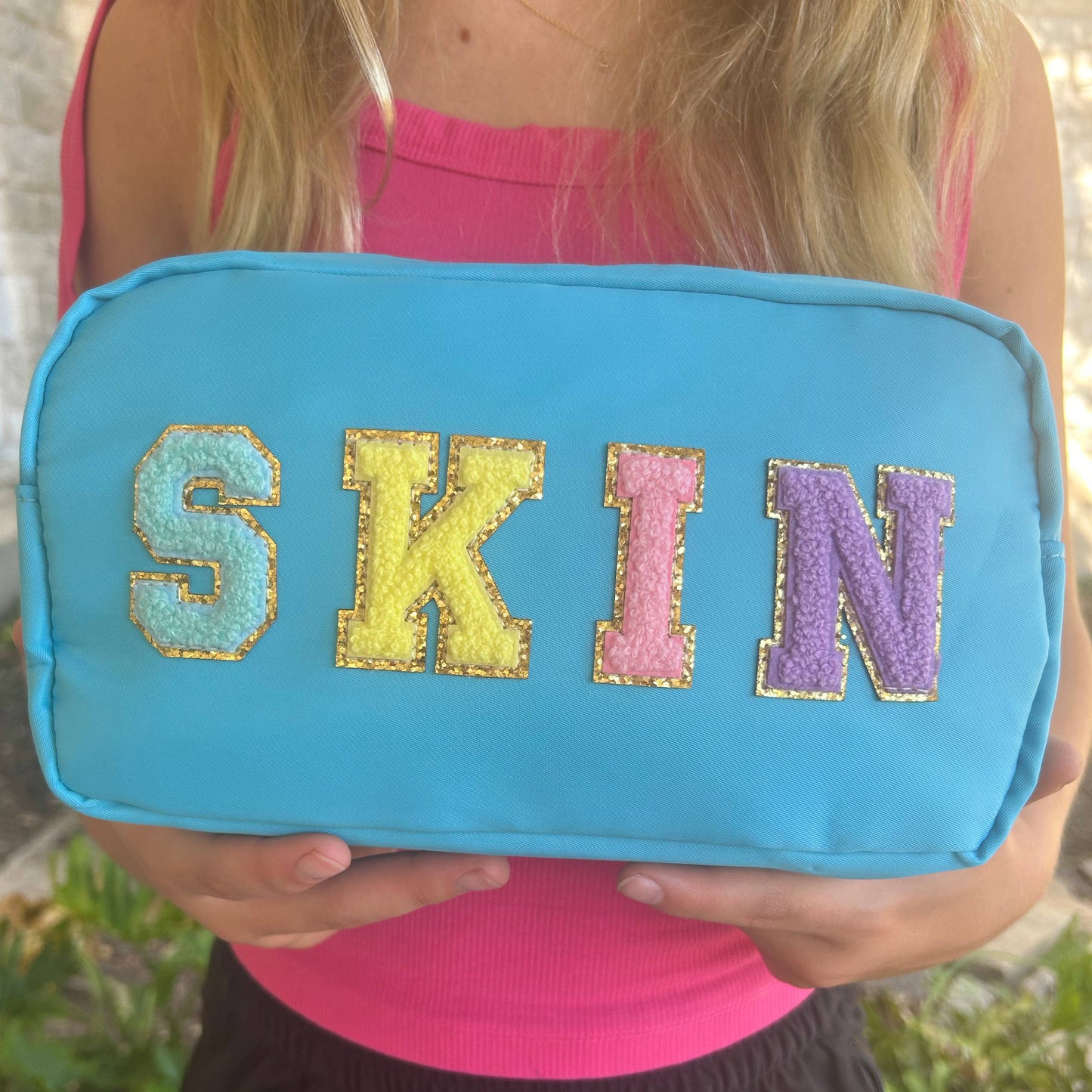 Cosmetic or Toiletry Bag with Varsity Letter Patches