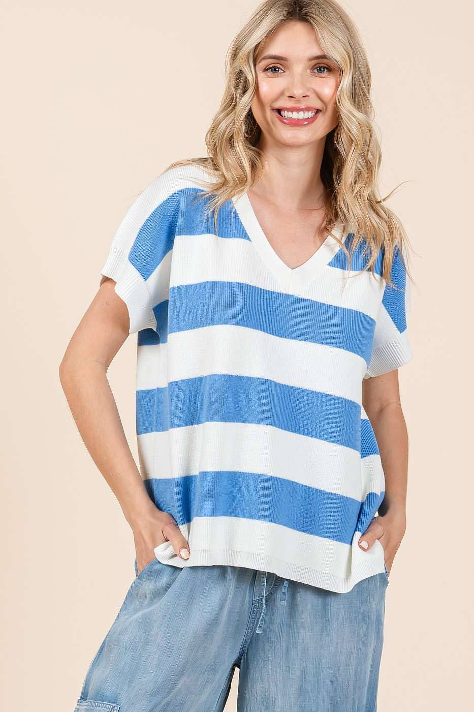 VIBRANT STRIPED SHORT SLEEVE SWEATER KNIT TOP *FINAL SALE*