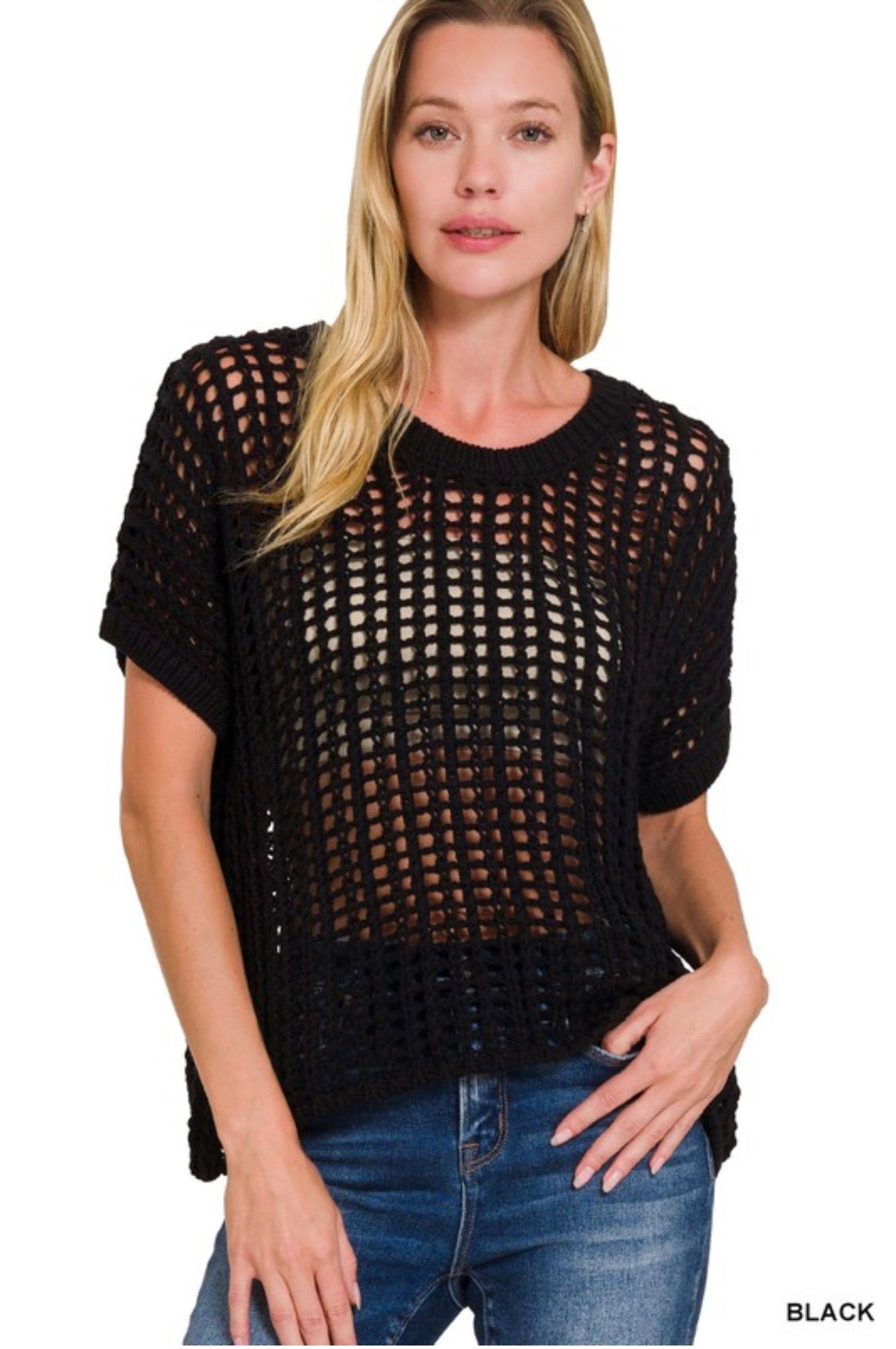 FISH NET SHORT SLEEVE CROCHET SWEATER in Black