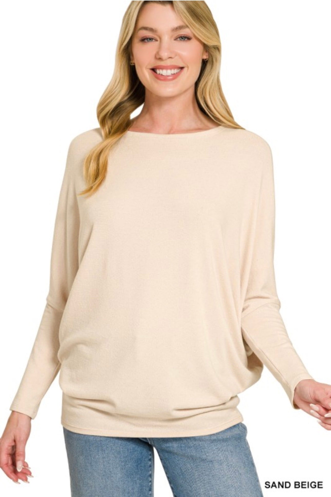 Zenana Hacci Dolman Sleeve Top in Sand Beige