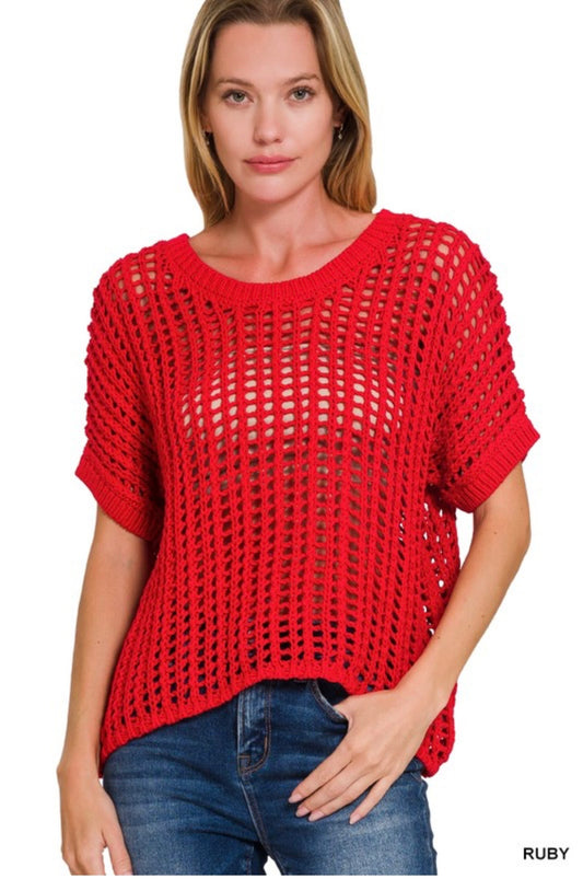 FISH NET SHORT SLEEVE CROCHET SWEATER in Red