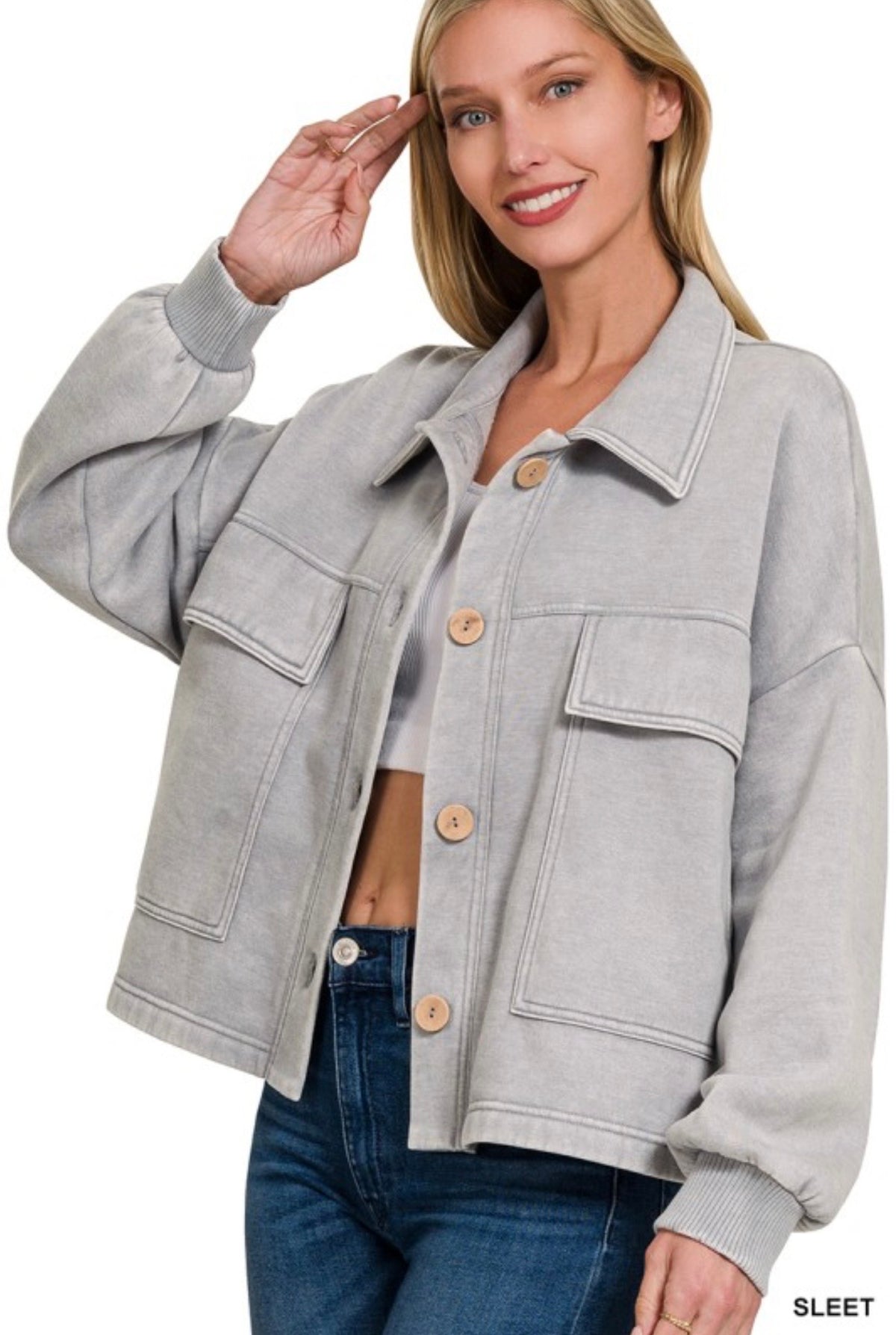 Zenana Fleece Front Pocket Jacket in Sleet
