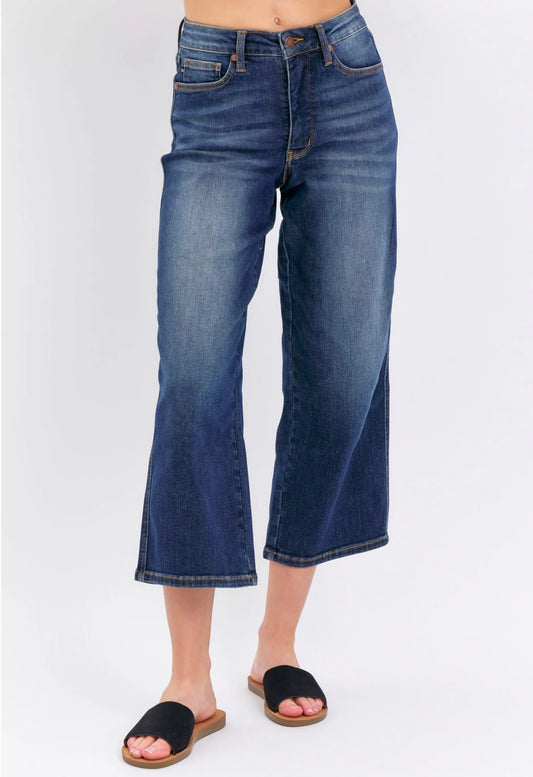 Judy Blue Mid Rise Tummy Control Wide Leg Crop Denim Jeans 88876
