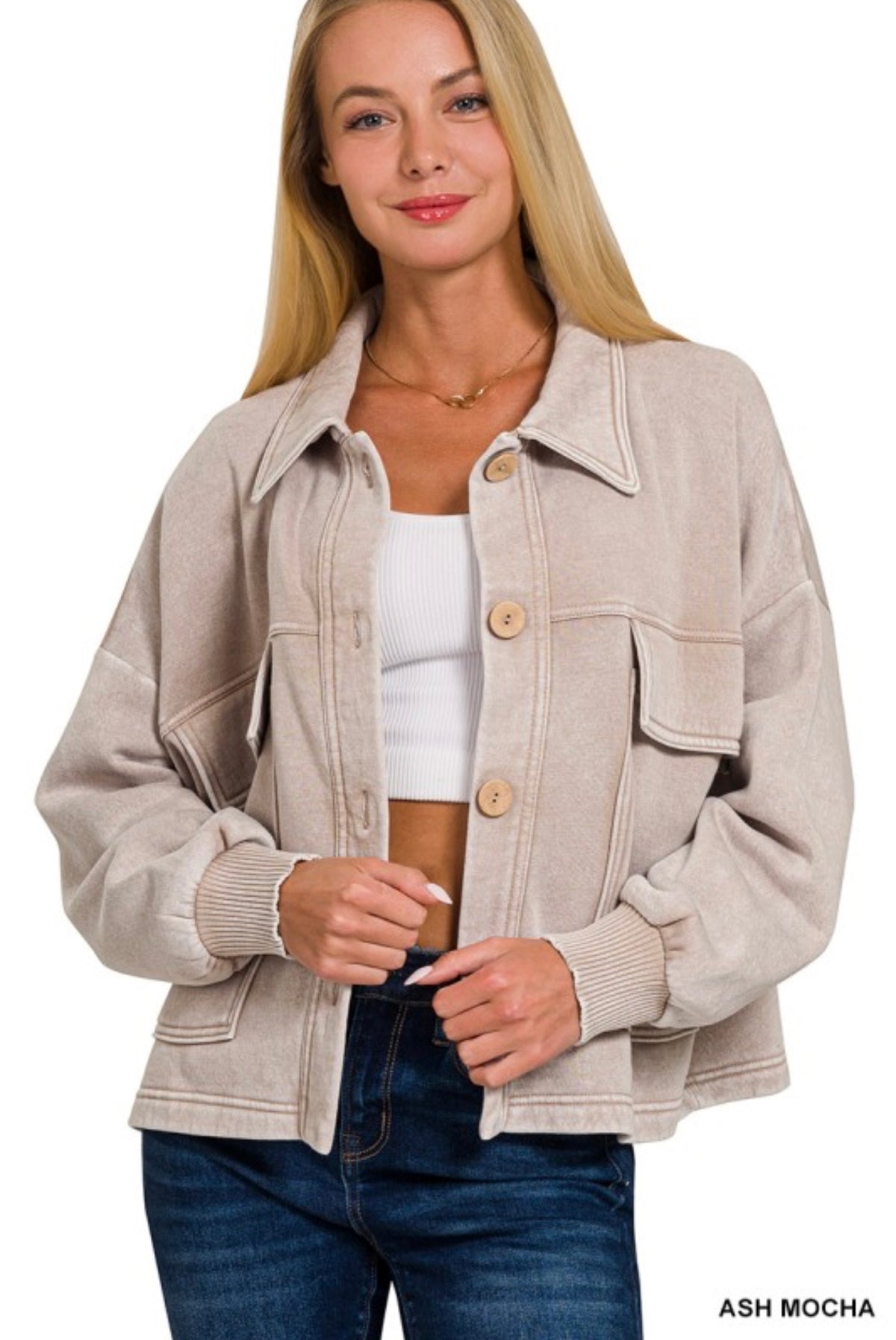 Zenana Fleece Front Pocket Jacket in Ash Mocha