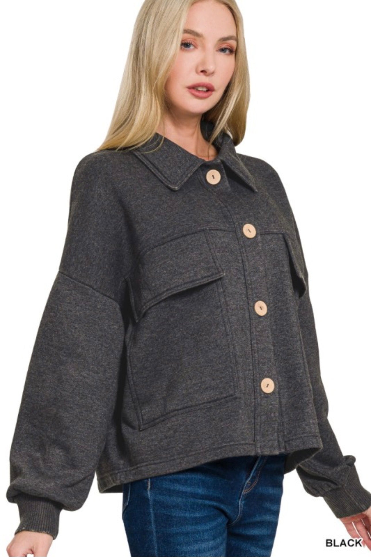 Zenana Fleece Front Pocket Jacket in Black