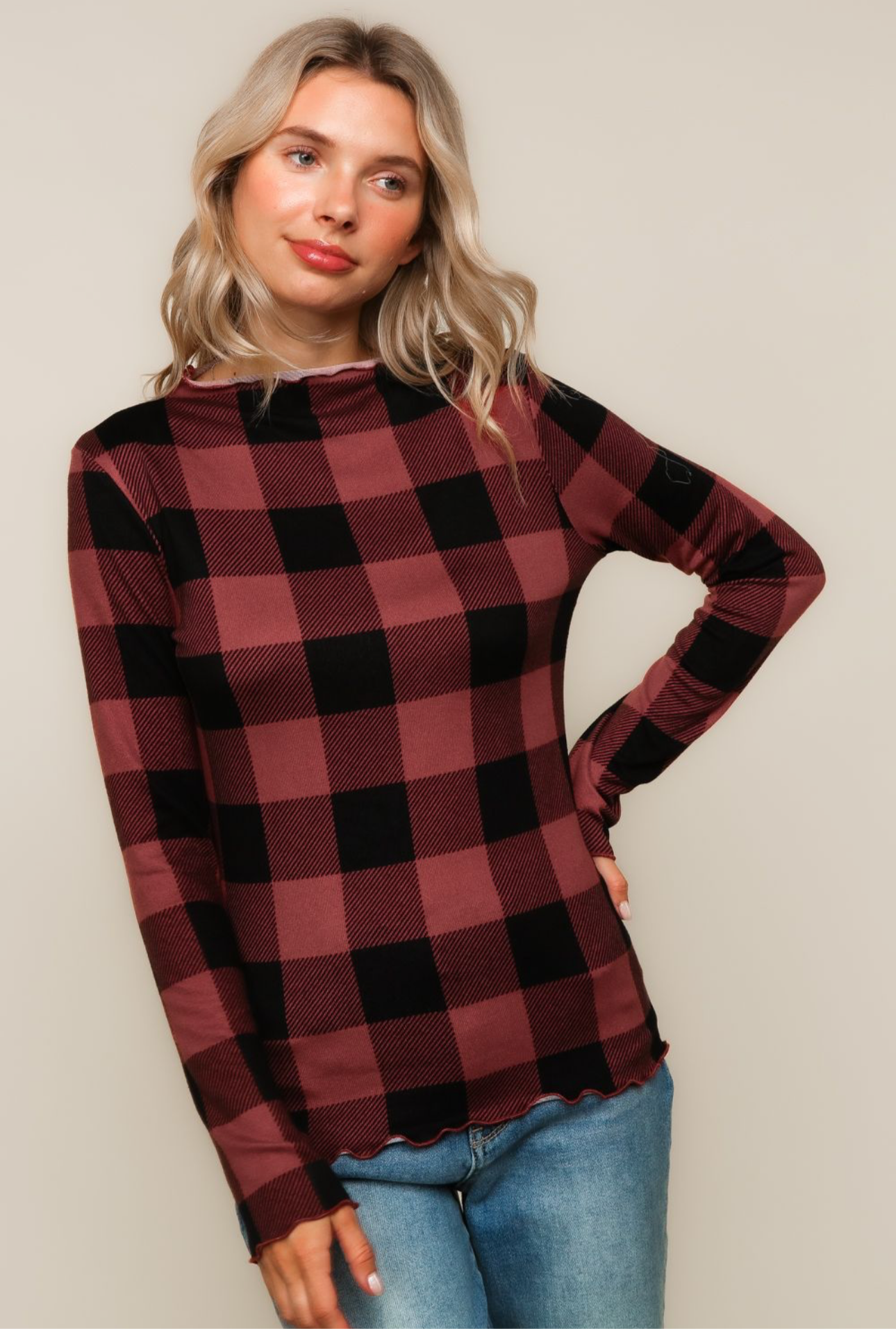 Mock Neck Long Sleeve Red/Black Plaid Print Knit Top w/Frilled Merrow Hem